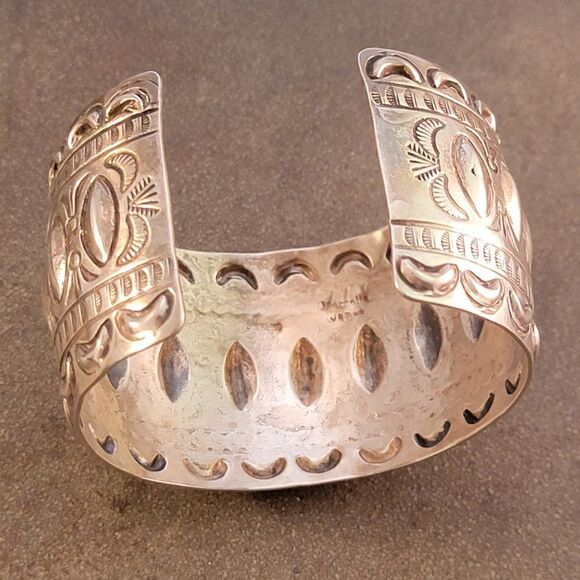 Marcella James Sterling Silver Navajo Stamped Wide Cuff Bracelet - Picture 11 of 13